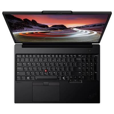 Offener Laptop mit einer lebendigen, wirbelnden Lichtbahn auf dem Bildschirm, mit hintergrundbeleuchteter Tastatur und einem Trackpoint. Die Szene vermittelt Geschwindigkeit und Technologie.