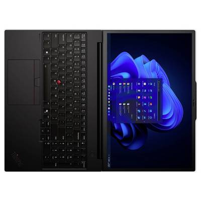 Ein schwarzer Laptop mit einer Tastatur auf der linken Seite und einem Bildschirm auf der rechten Seite, der ein blau-gestaltetes Betriebssystem und ein Startmenü anzeigt.