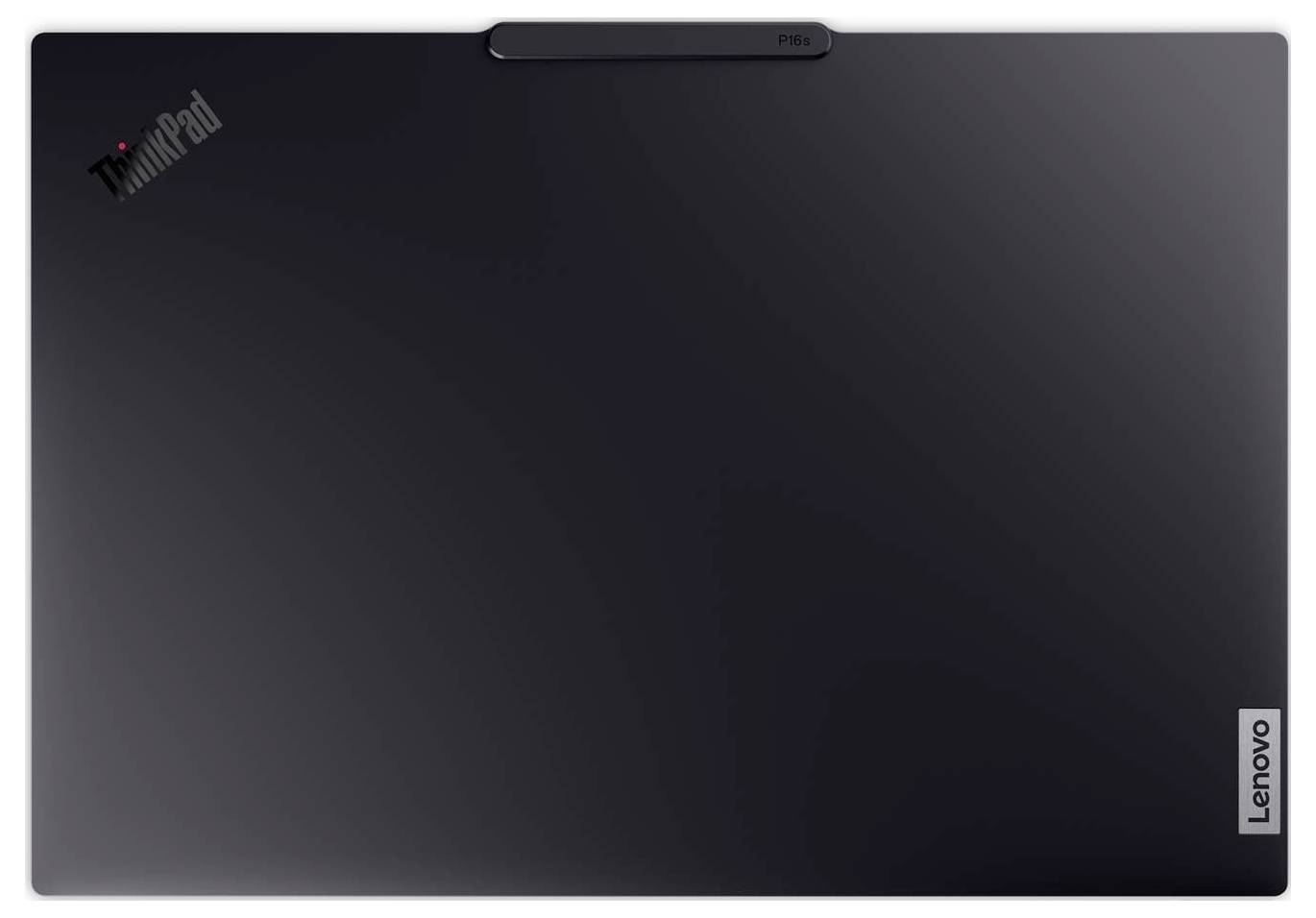 Ein geschlossener schwarzer Lenovo ThinkPad Laptop, auf dessen Deckel die ThinkPad- und Lenovo-Logos zu sehen sind.