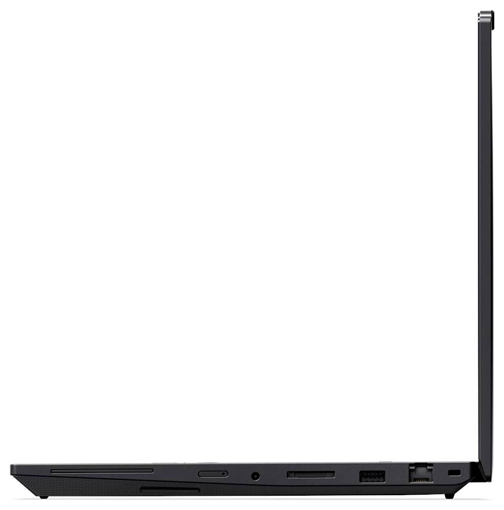 Seitenansicht eines geöffneten Laptops, der seine schlanke Seitenansicht mit sichtbaren Anschlüssen und Scharnieren zeigt.