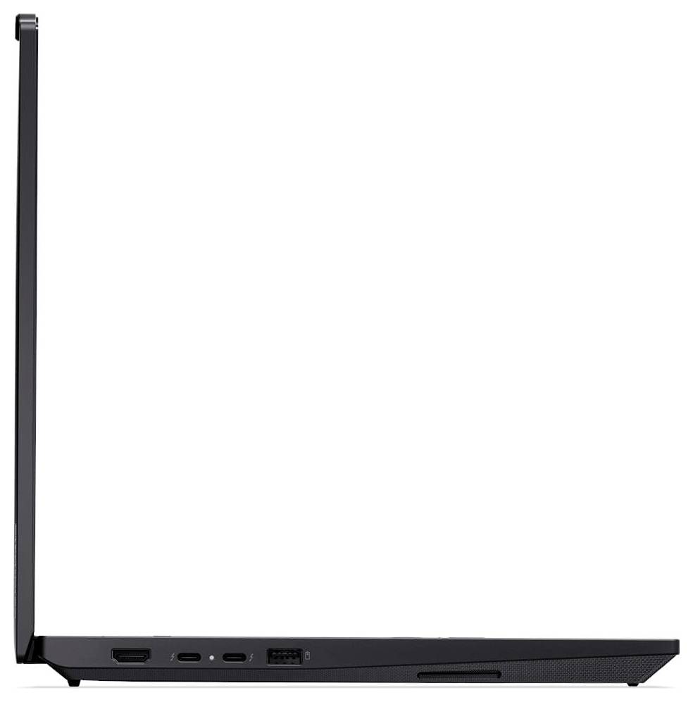 Ein schlanker, offener Laptop, von der Seite betrachtet, der sein dünnes Profil und Anschlüsse wie USB und HDMI am linken Rand zeigt.