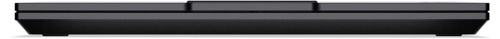 Eine schwarze, rechteckige Soundbar mit elegantem Design und einem erhöhten mittleren Abschnitt wird vor einem hellen Hintergrund gezeigt.