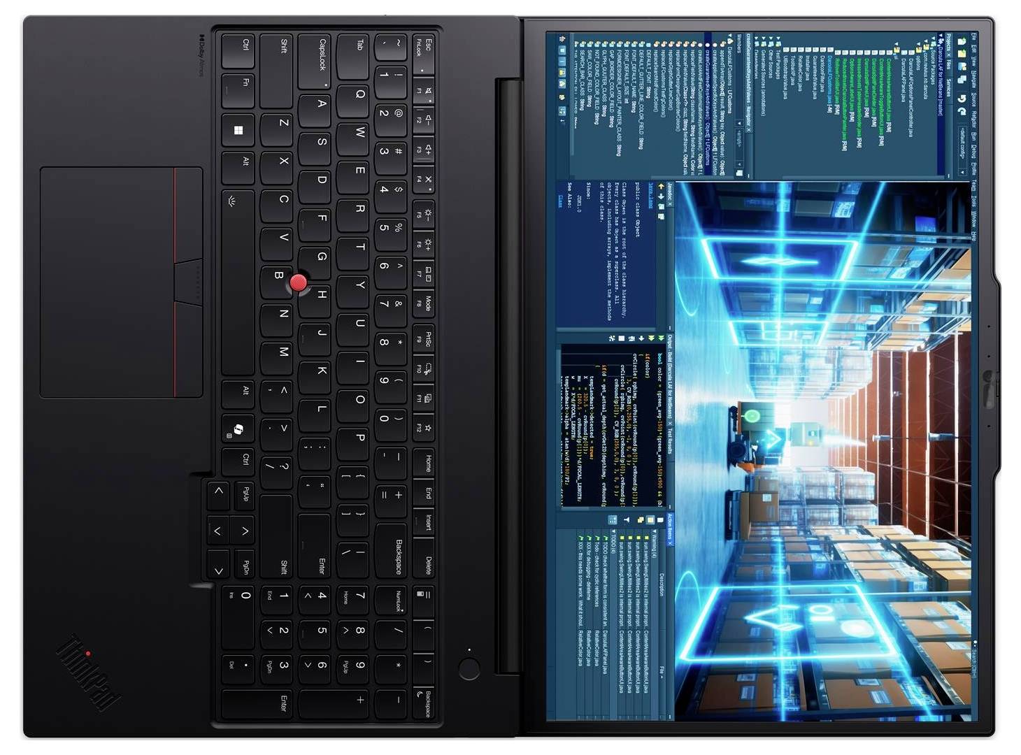 Ein schwarzer Laptop mit einem um 90 Grad gedrehten Bildschirm zeigt Programmiercode oben und ein futuristisches, leuchtendes Rechenzentrum-Bild unten.