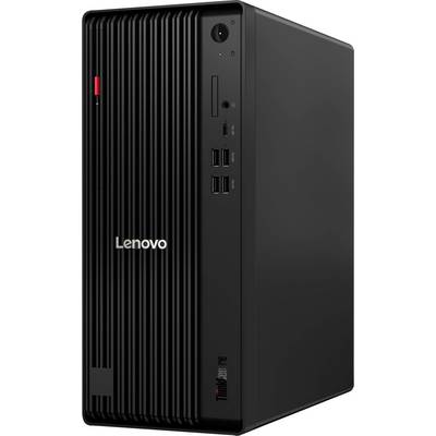 Ein schwarzer Lenovo ThinkCentre Desktop-Tower mit mehreren USB-Anschlüssen, einem Einschaltknopf und einem Diskettenlaufwerk auf der Vorderseite.