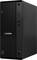 Ein schwarzer Lenovo ThinkCentre Desktop-Tower mit mehreren USB-Anschlüssen, einem Einschaltknopf und einem Diskettenlaufwerk auf der Vorderseite.