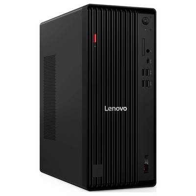 Ein schwarzer Lenovo-Desktop-Computertower mit einer strukturierten Frontplatte, ausgestattet mit mehreren USB-Anschlüssen und einem Ein-/Ausschalter.