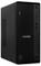 Ein schwarzer Lenovo-Desktop-Computertower mit einer strukturierten Frontplatte, ausgestattet mit mehreren USB-Anschlüssen und einem Ein-/Ausschalter.