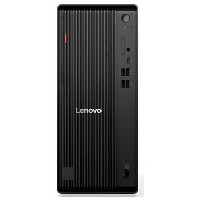Frontansicht eines schwarzen Lenovo-Desktop-Towers mit Markenlogo, Einschaltknopf, zwei USB-C-Anschlüssen, vier USB-Anschlüssen, Kopfhörerbuchse und Laufwerk.