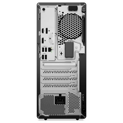 Rückansicht eines Desktop-Computergehäuses mit verschiedenen Anschlüssen, Lüftungsschlitzen und Netzteilbereich.