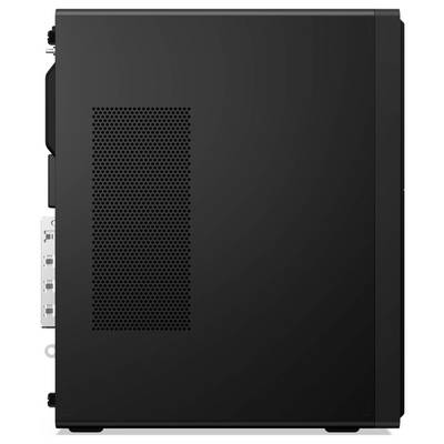 Ein schwarzer Desktop-Computer-Turm mit einem belüfteten Seitenpanel und sichtbaren Anschlüssen auf der Rückseite für Konnektivität, in einer Seitenansicht dargestellt.