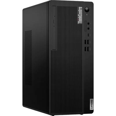 Ein schwarzer Lenovo ThinkCentre Desktop-Turm mit sichtbaren Frontanschlüssen und Einschaltknopf, designed für Büro- oder professionelle Nutzung.