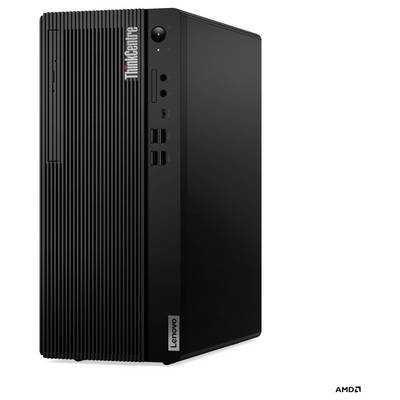Ein schwarzer Lenovo ThinkCentre Desktop-Computerturm mit mehreren USB-Anschlüssen und einem Einschaltknopf auf der Vorderseite.