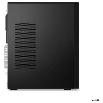 Ein schlankes schwarzes Computer-Tower-Gehäuse mit einer perforierten Seitenwand zur Belüftung, auf einem schlichten weißen Hintergrund positioniert.