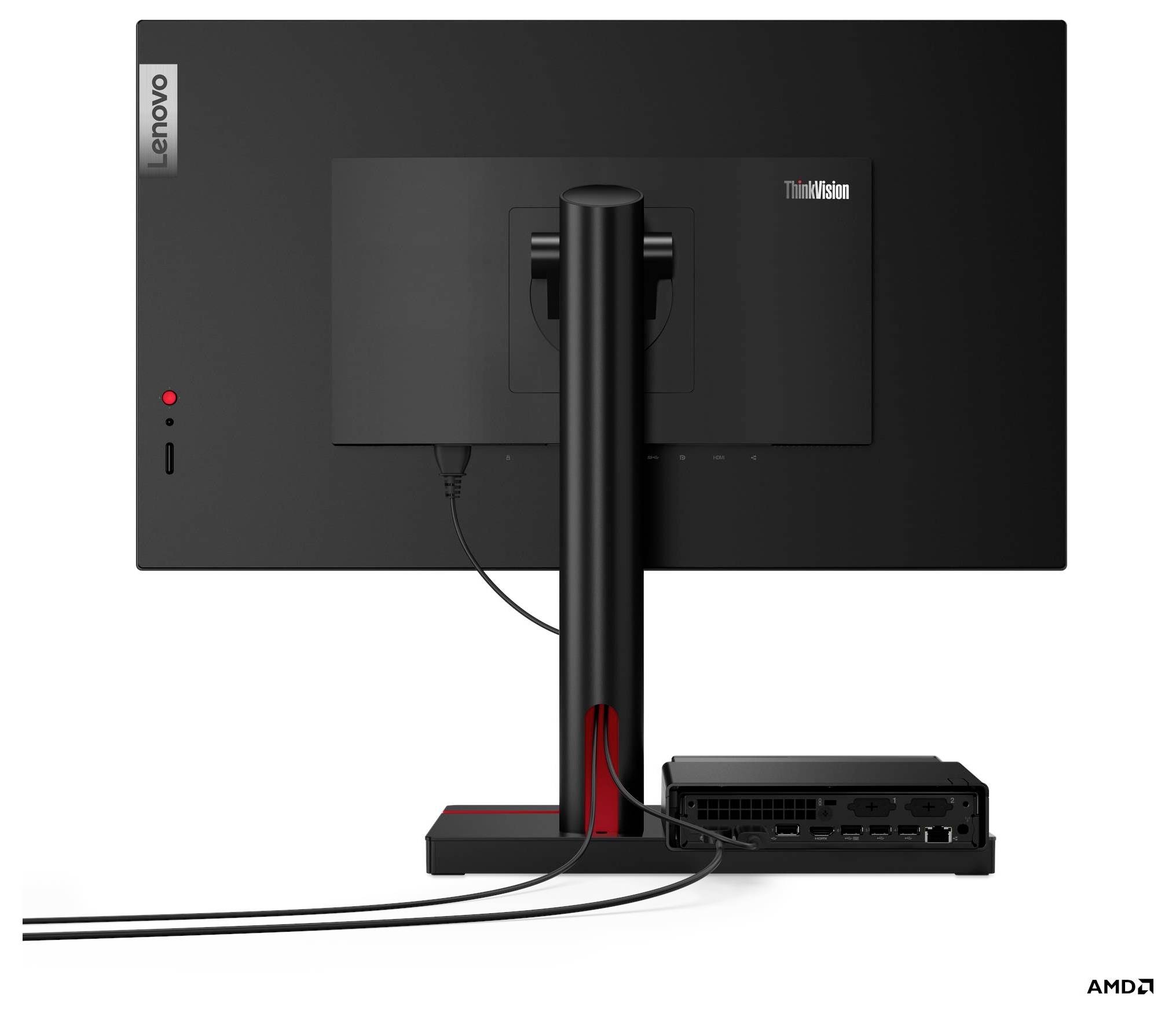 Ein schwarzer Lenovo ThinkVision Monitor, von hinten betrachtet, verbunden mit einem kleinen rechteckigen Gerät mit der Aufschrift AMD, mit angeschlossenen Kabeln.