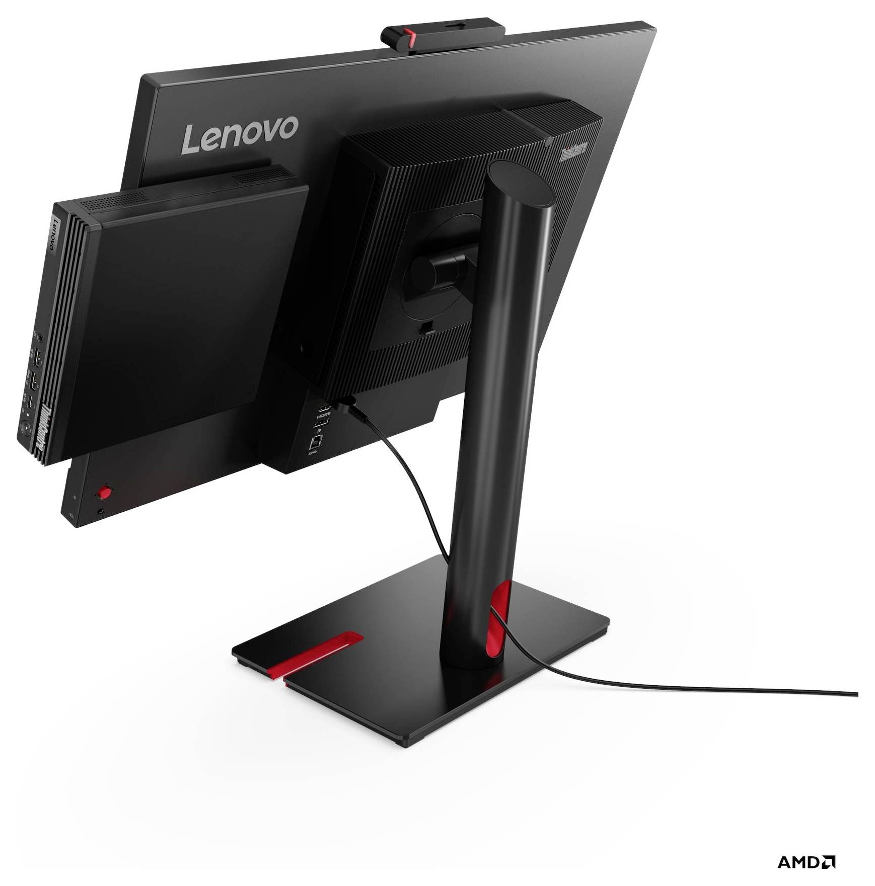 Ein schwarzer Lenovo-Monitor mit einer rechteckigen Basis und einem Kabel, das an der Rückseite angeschlossen ist. Das AMD-Logo erscheint in der unteren rechten Ecke.