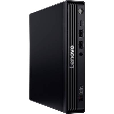 Ein schwarzer Lenovo ThinkCentre Mini-Desktop-Computer mit nach vorne gerichteten USB-Anschlüssen und Lenovo-Logo, der ein kompaktes, vertikales Design präsentiert.