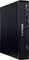 Ein schwarzer Lenovo ThinkCentre Mini-Desktop-Computer mit nach vorne gerichteten USB-Anschlüssen und Lenovo-Logo, der ein kompaktes, vertikales Design präsentiert.