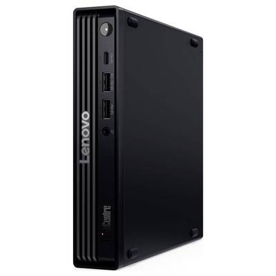 Ein schwarzer Lenovo ThinkCentre Computerturm mit mehreren Anschlüssen auf der Vorderseite, einschließlich USB und HDMI, entwickelt für den Bürogebrauch.