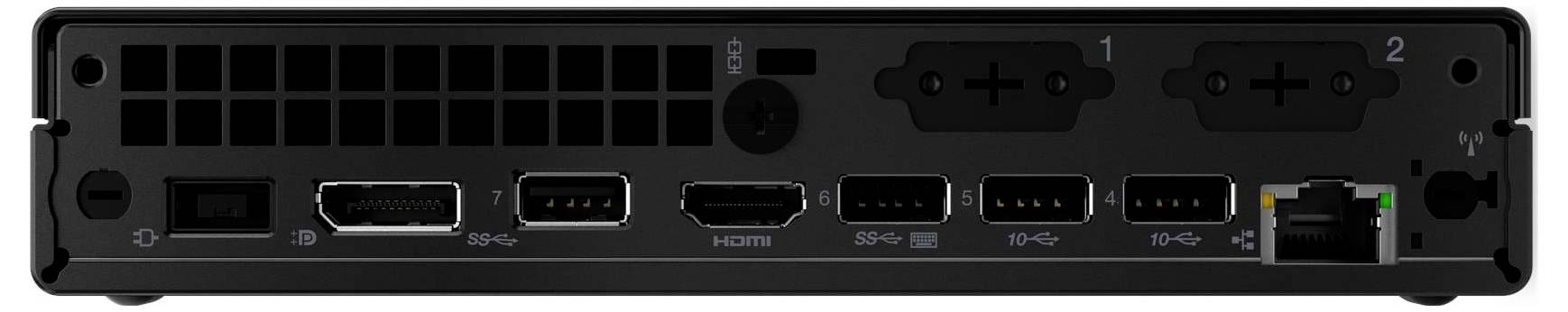Rückansicht eines Geräts mit verschiedenen Anschlüssen, einschließlich USB, HDMI, DisplayPort und Ethernet, für Konnektivitätsoptionen.