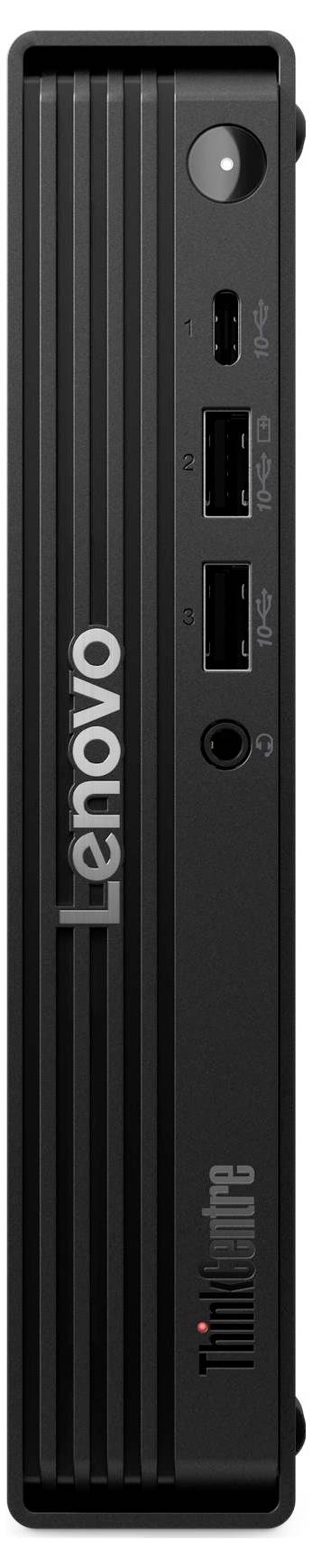 Ein schlanker, vertikaler Lenovo ThinkCentre M Series Mini-PC mit sichtbaren USB-Anschlüssen und Einschaltknopf auf der Vorderseite.