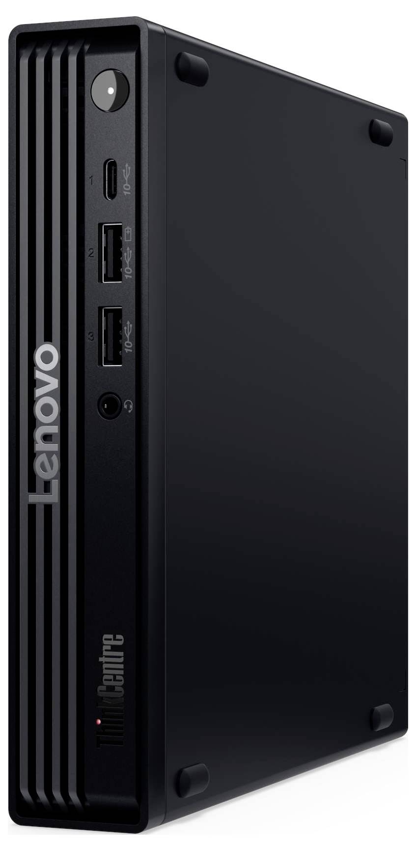 Ein Lenovo ThinkCentre Mini-Desktop-Computer in Schwarz, mit vorderen Anschlüssen für USB, Audio und Einschaltknopf.