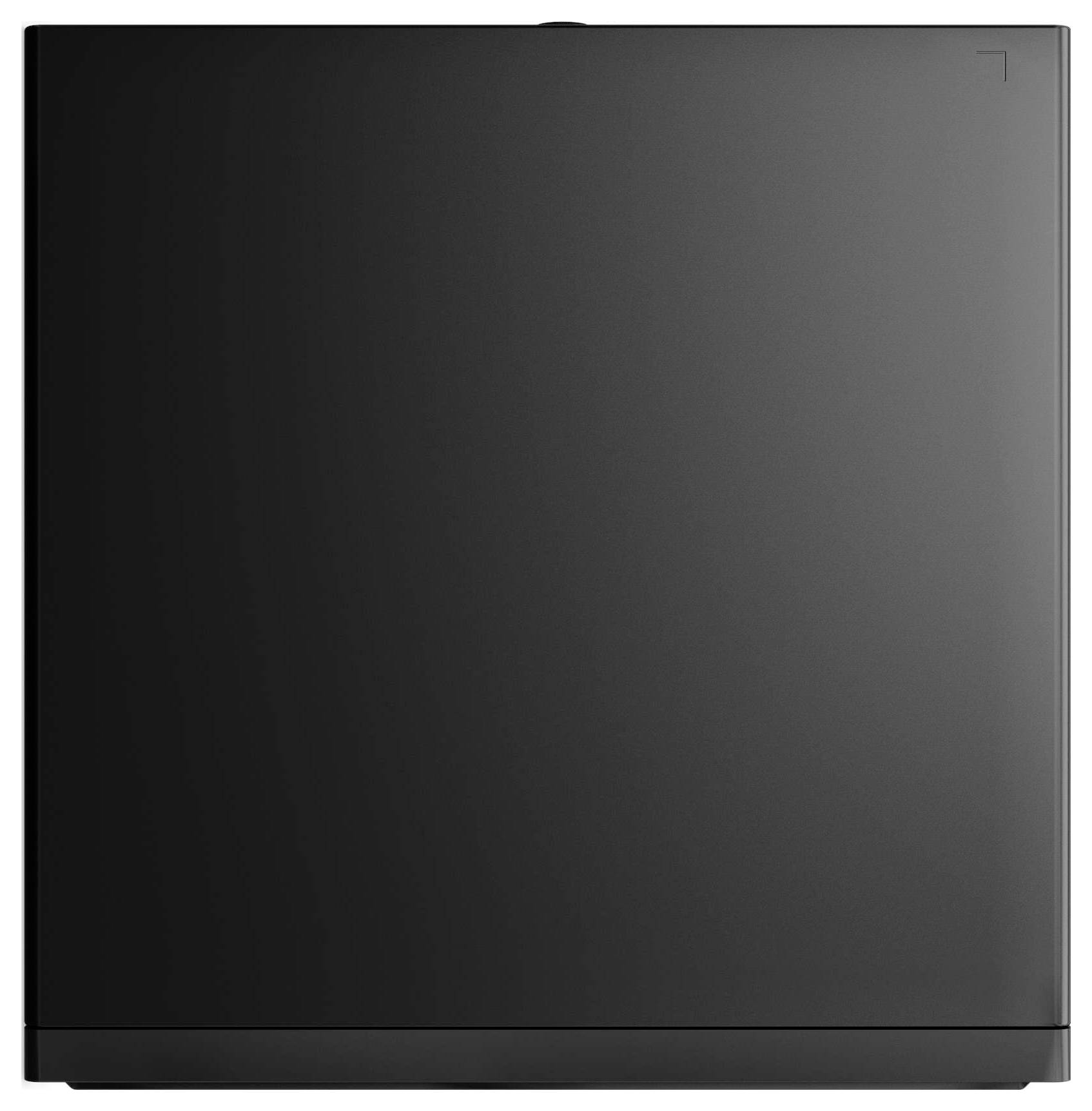 Schwarzes, quadratisches elektronisches Gerät mit minimalistischem Design und glatter Oberfläche.