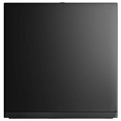 Schwarzes, quadratisches elektronisches Gerät mit minimalistischem Design und glatter Oberfläche.