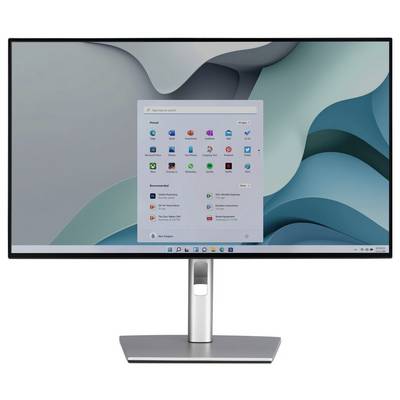 Ein Computermonitor, der einen Windows-Desktop mit verschiedenen Anwendungssymbolen und einer Suchleiste zeigt, vor einem blau-grauen abstrakten Hintergrund.