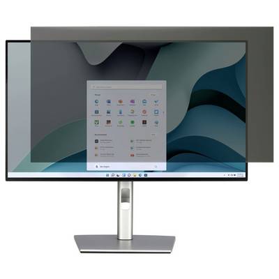 Ein Computermonitor, der einen Bildschirm mit verschiedenen Anwendungssymbolen im Hellmodus zeigt, vor einem stilisierten abstrakten Hintergrund.