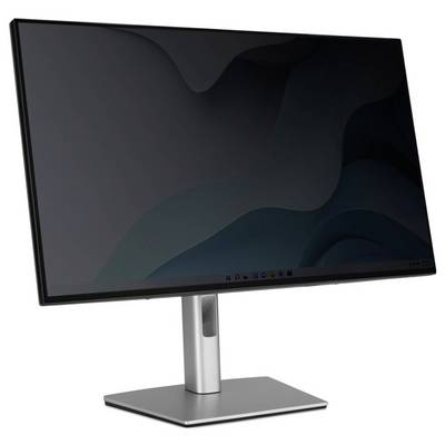 Ein moderner Computermonitor mit elegantem Design, ausgestattet mit einem schmalen Rahmen und einem rechteckigen Ständer, der einen dunklen abstrakten Hintergrund auf dem Bildschirm zeigt.