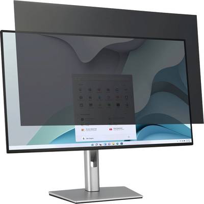 Ein Computermonitor mit einem Sichtschutzfilter, auf dem gedämpfte Apps vor einem Desktop-Hintergrund mit grauen und türkisfarbenen abstrakten Wellen zu sehen sind.