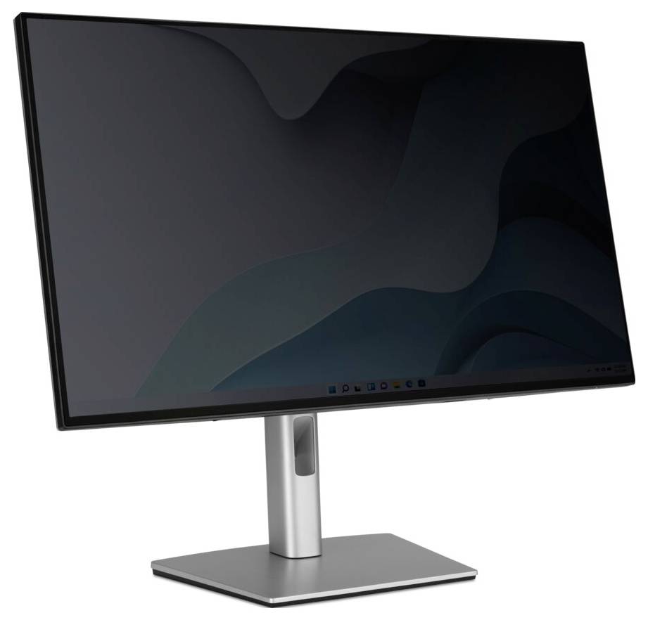 Ein schlanker, moderner Computermonitor mit einem schmalen Rahmen und einem metallfarbenen Ständer, auf dem ein dunkles, wellenartiges abstraktes Design auf dem Bildschirm angezeigt wird.