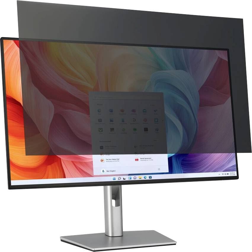 Ein Computermonitor mit einem abnehmbaren Sichtschutzfilter, auf dem ein farbenfroher abstrakter Entwurf mit geöffneten Software-Anwendungssymbolen zu sehen ist.