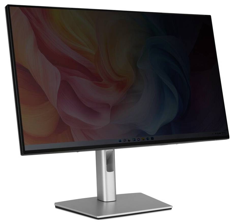 Ein schlanker Computer-Monitor, der einen dunklen abstrakten Wirbel als Hintergrund zeigt, auf einem silbernen Ständer vor neutralem Hintergrund.