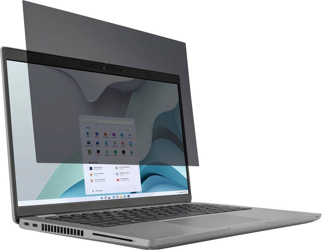 Ein Laptop mit einem Sichtschutzfilter, der eine leicht abgedunkelte Anzeige mit einer sichtbaren Desktop-Benutzeroberfläche zeigt und die Datenschutz des Benutzers verbessert.