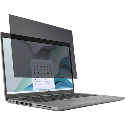Ein Laptop mit einem teilweise angebrachten Sichtschutzfilter, der seine Blendreduzierungsfunktion demonstriert, während auf dem Bildschirm ein Desktop zu sehen ist.