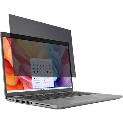 Ein Laptop, der einen bunten Bildschirm zeigt, der teilweise von einem getönten Sichtschutzfilter verdeckt wird und den Schutz der visuellen Privatsphäre veranschaulicht.