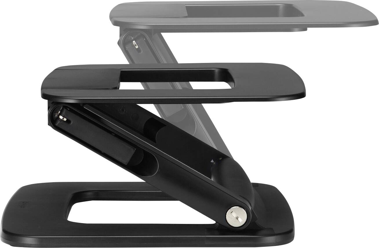 Verstellbarer schwarzer Laptopständer mit Z-förmigem Design, in neutraler Position gezeigt, der seine ergonomische Anpassungsfähigkeit für verschiedene Schreibtischkonfigurationen hervorhebt.