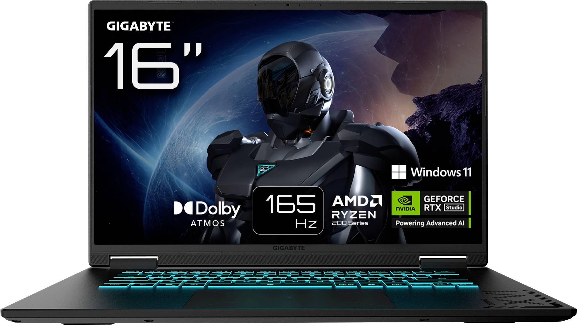 Ein GIGABYTE 16-Zoll-Gaming-Laptop mit futuristischen Grafiken auf dem Bildschirm. Eigenschaften: Dolby Atmos, 165 Hz, AMD Ryzen, NVIDIA GeForce RTX, Windows 11.