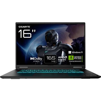 Ein GIGABYTE 16-Zoll-Gaming-Laptop mit futuristischen Grafiken auf dem Bildschirm. Eigenschaften: Dolby Atmos, 165 Hz, AMD Ryzen, NVIDIA GeForce RTX, Windows 11.