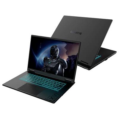Zwei schwarze Laptops mit türkis hintergrundbeleuchteten Tastaturen; ein Bildschirm zeigt eine Science-Fiction-Grafik einer futuristischen gepanzerten Figur im Weltraum.