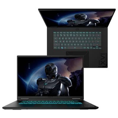 Zwei schwarze Laptops mit Neonblauen Tastaturen zeigen einen futuristischen gepanzerten Charakter im Weltraum auf ihren Bildschirmen und deuten damit auf ein Science-Fiction-Thema hin.