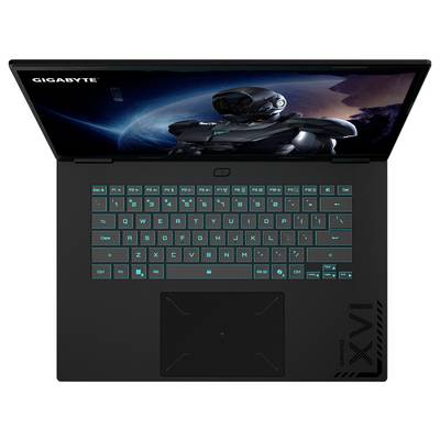 Geöffneter Laptop mit beleuchteter Tastatur, futuristischen Grafiken auf dem Bildschirm und dem 'Gigabyte' Logo oben.