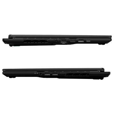 Zwei geschlossene Laptops nebeneinander, die verschiedene Anschlüsse wie USB, HDMI und Ethernet entlang der Kanten zeigen.