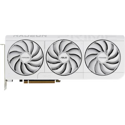 Eine weiße ASUS Radeon Grafikkarte mit drei großen Kühlventilatoren, die mit 'PRIME' beschriftet sind.