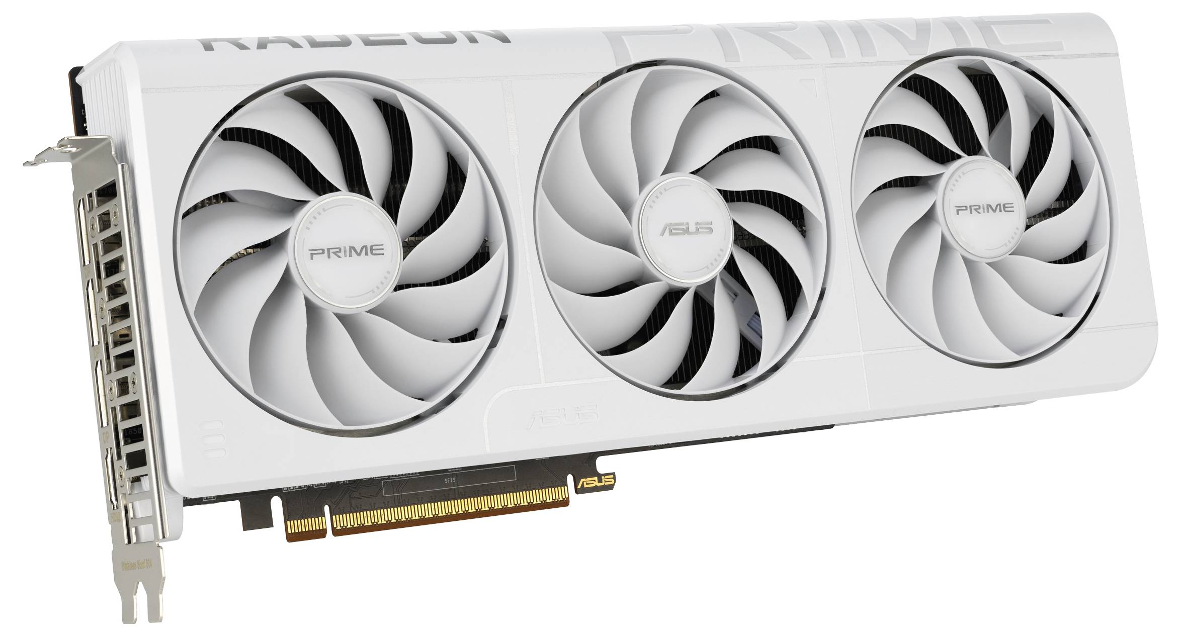 Eine weiße Grafikkarte mit drei Kühlventilatoren, die die Marke 'Prime Radeon ASUS' trägt. Sie verfügt über einen PCIe-Anschluss zur Installation in einem Computer.