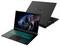 Zwei Laptops, die ein Science-Fiction-Thema auf dem Bildschirm zeigen, mit einem futuristischen Soldaten vor einem kosmischen Hintergrund, mit beleuchteten Tastaturen.