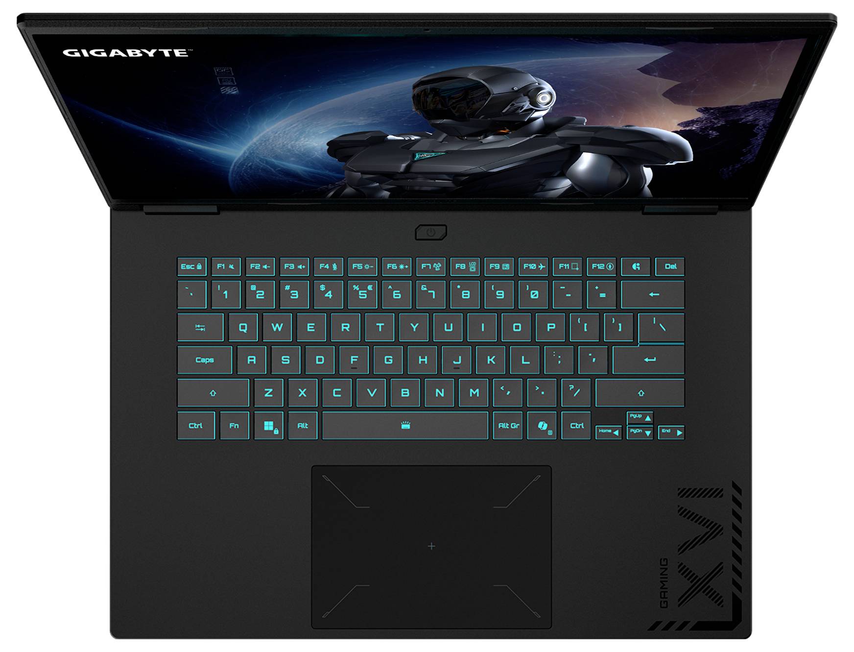 Ein schwarzer Laptop mit einer leuchtenden Tastatur, auf dessen Bildschirm ein futuristisches Weltraum-Themendesign zu sehen ist. Die Marke „Gigabyte" ist erkennbar.
