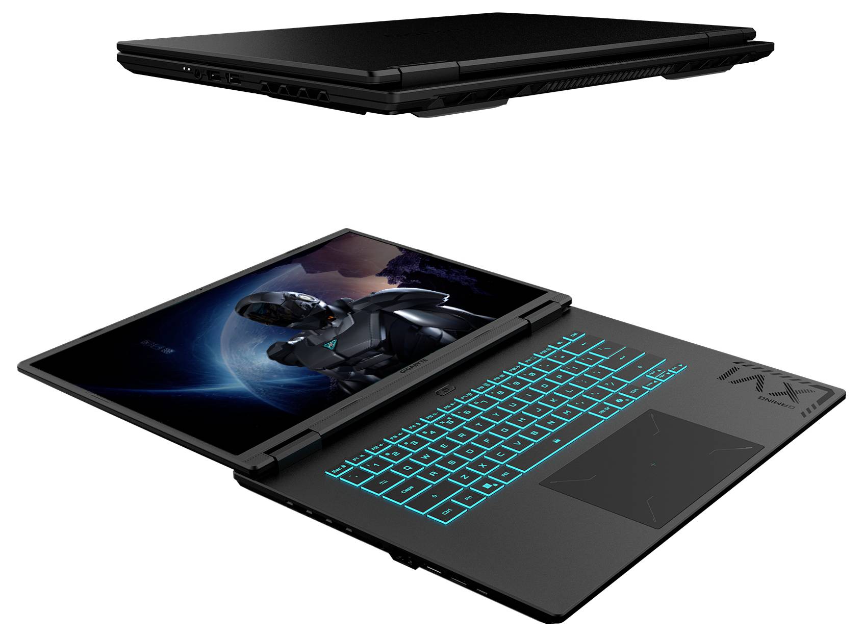 Ein schlanker schwarzer Gaming-Laptop mit futuristischem Design, ausgestattet mit einer in Petrol leuchtenden Tastatur und einem Science-Fiction-Charakter auf dem Bildschirm.
