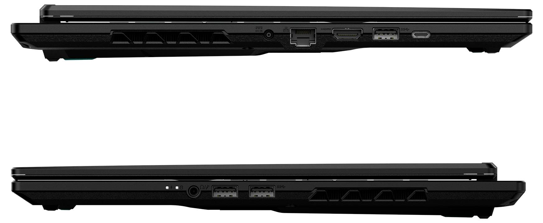 Zwei schwarze Laptops nebeneinander, die ihre Seitenansichten präsentieren. Jeder Laptop zeigt verschiedene Anschlüsse, darunter USB- und HDMI-Ports.